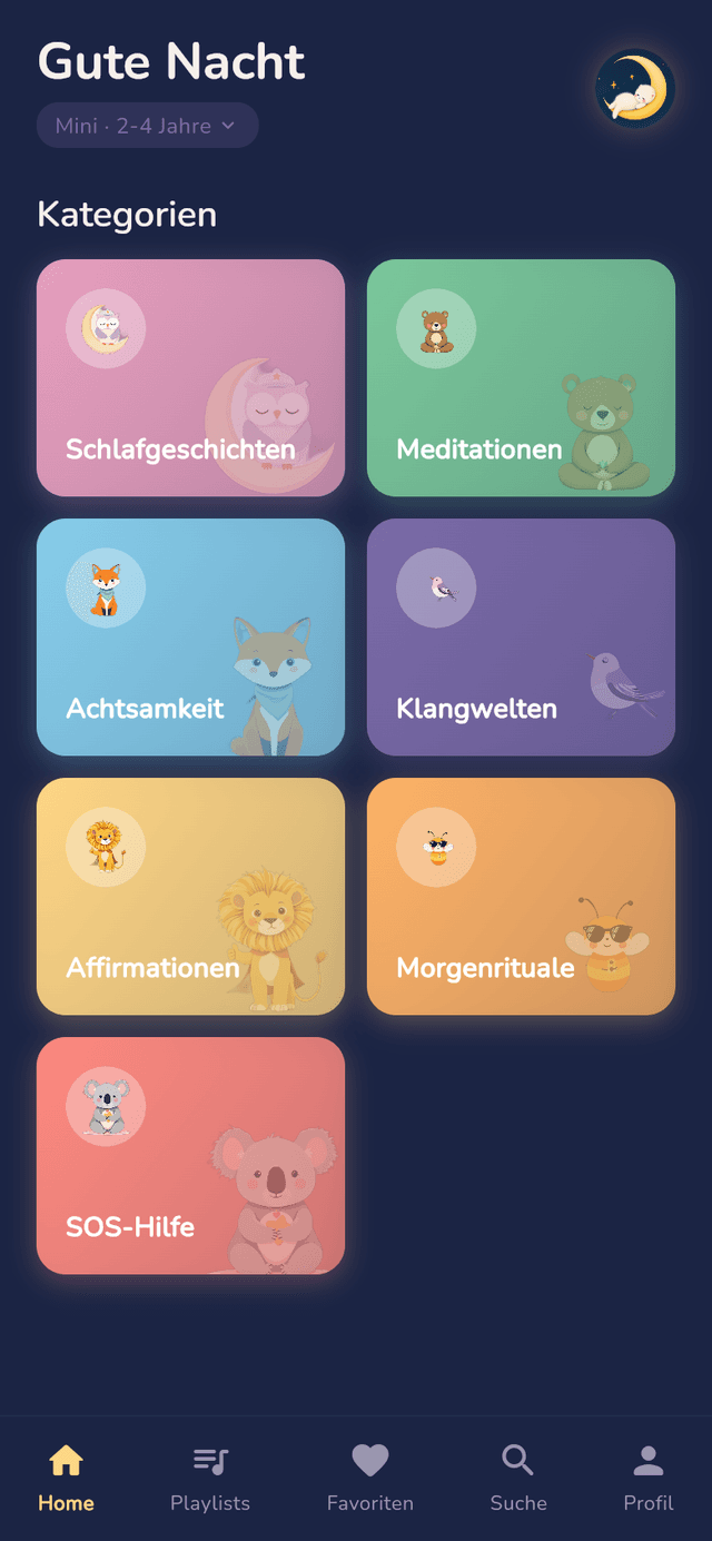 Nimola app: home screen with seven categories, each with its own mascot
