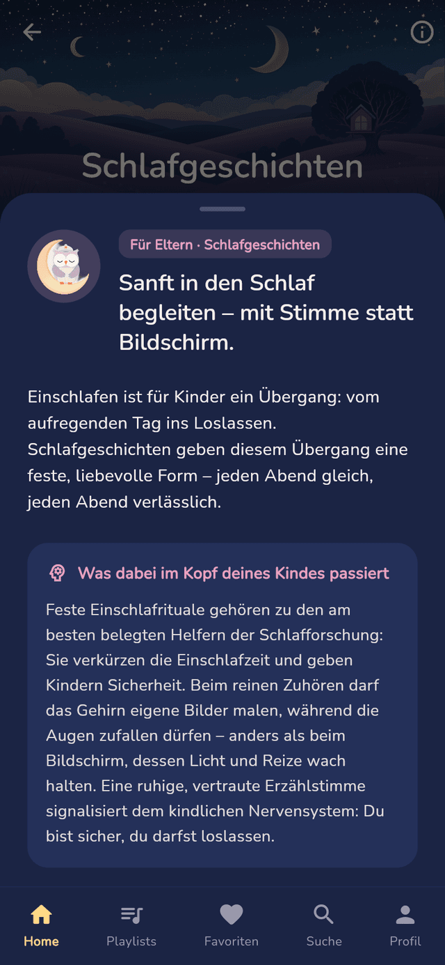 Nimola app: sleep stories section with loving notes for parents