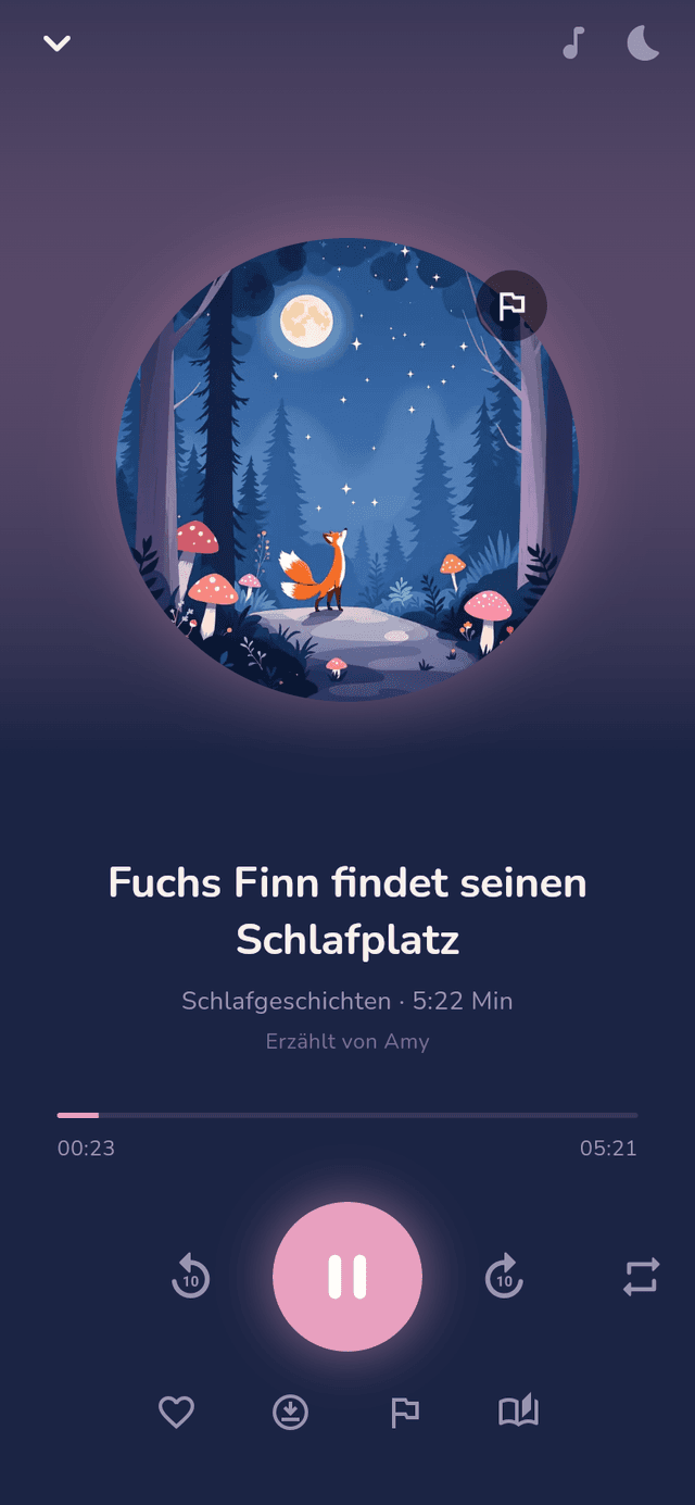 Nimola app: player showing the sleep story “Finn the Fox finds his resting place”, 5:22 minutes, narrated by Amy