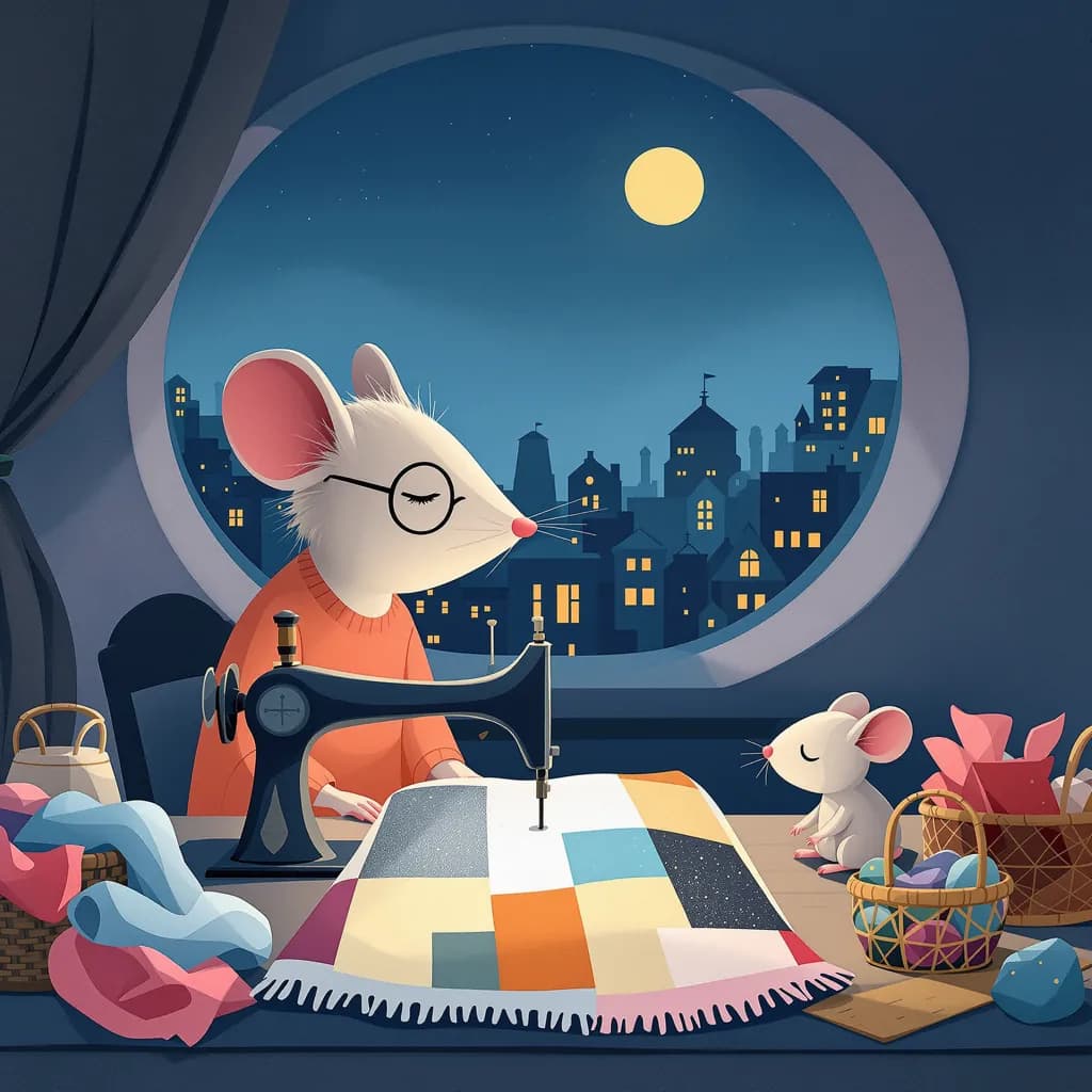 Illustration: a lady mouse with glasses sews a colourful patchwork dream blanket at night while a mouse child watches sleepily, the city glowing in the moonlight outside