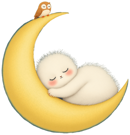 Nimola sleeps on a golden moon, its friend, a little owl, keeping watch on the moon's tip